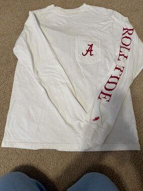 League White Long Sleeve Pocket Tee with Crimson 'A' and Roll Tide Sleeve
